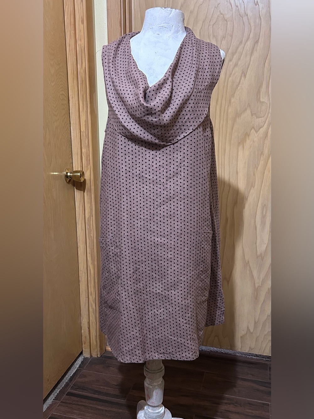 Match Point Linen Sleeveless Tan black Polka Dot Cowl-Neck Dress with pockets